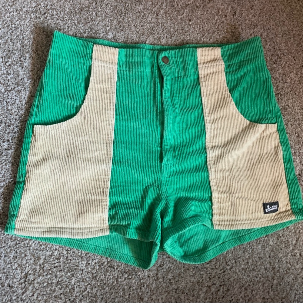 Hammies Womens Corduroy High Waisted Rollerskate Shorts Two-Tone in Green & Sand